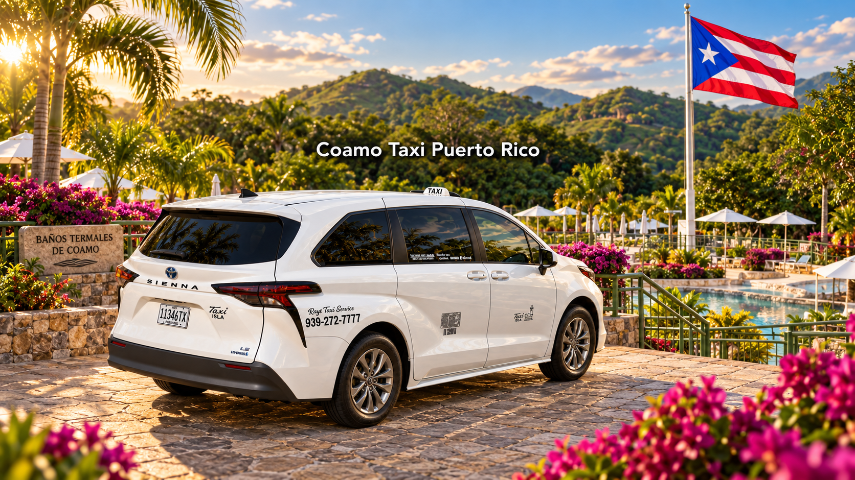 White Toyota Sienna Hybrid taxi — Coamo Taxi Puerto Rico · 939-272-7777